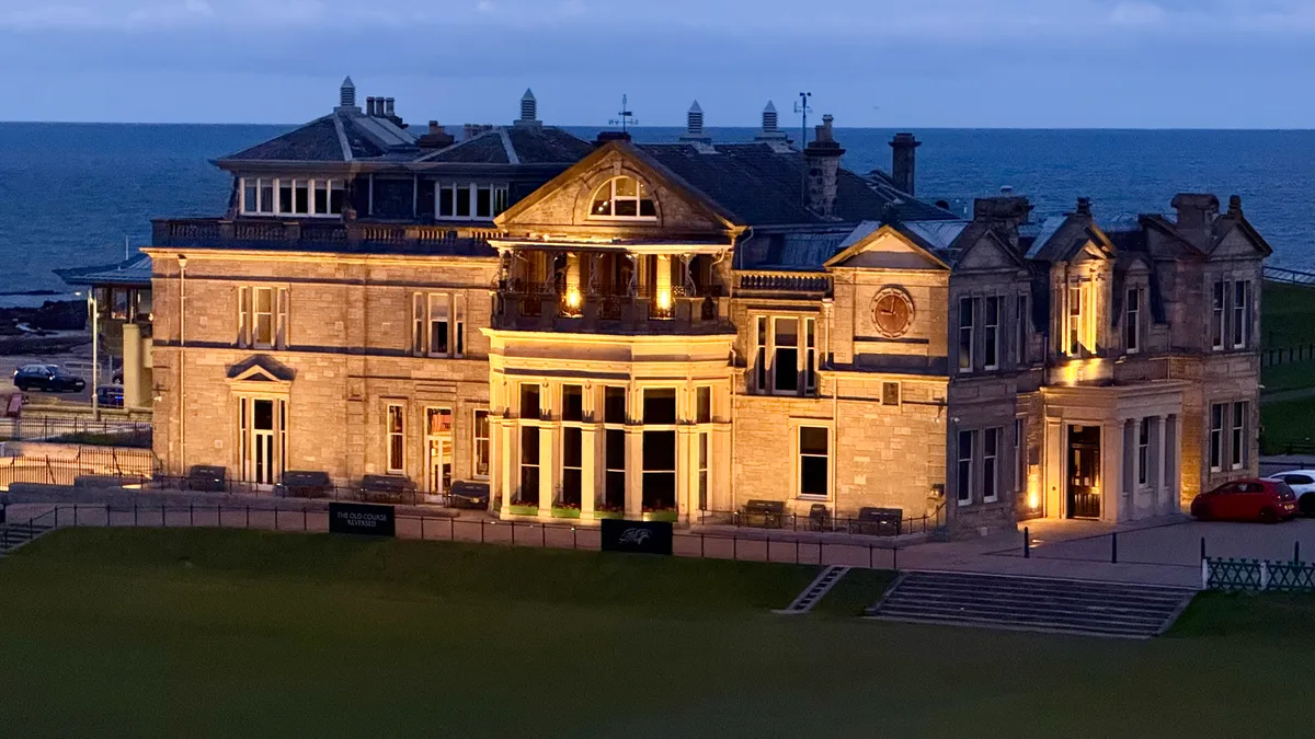 R&A Clubhouse lit up at night